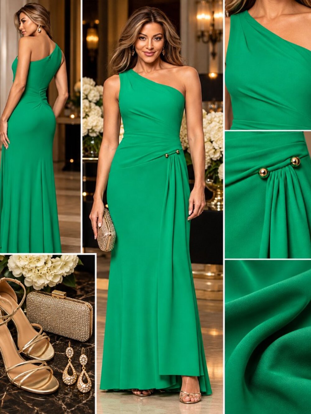 XSCAPE Emerald Green One Shoulder Draped Formal Gown Size 10 NWT